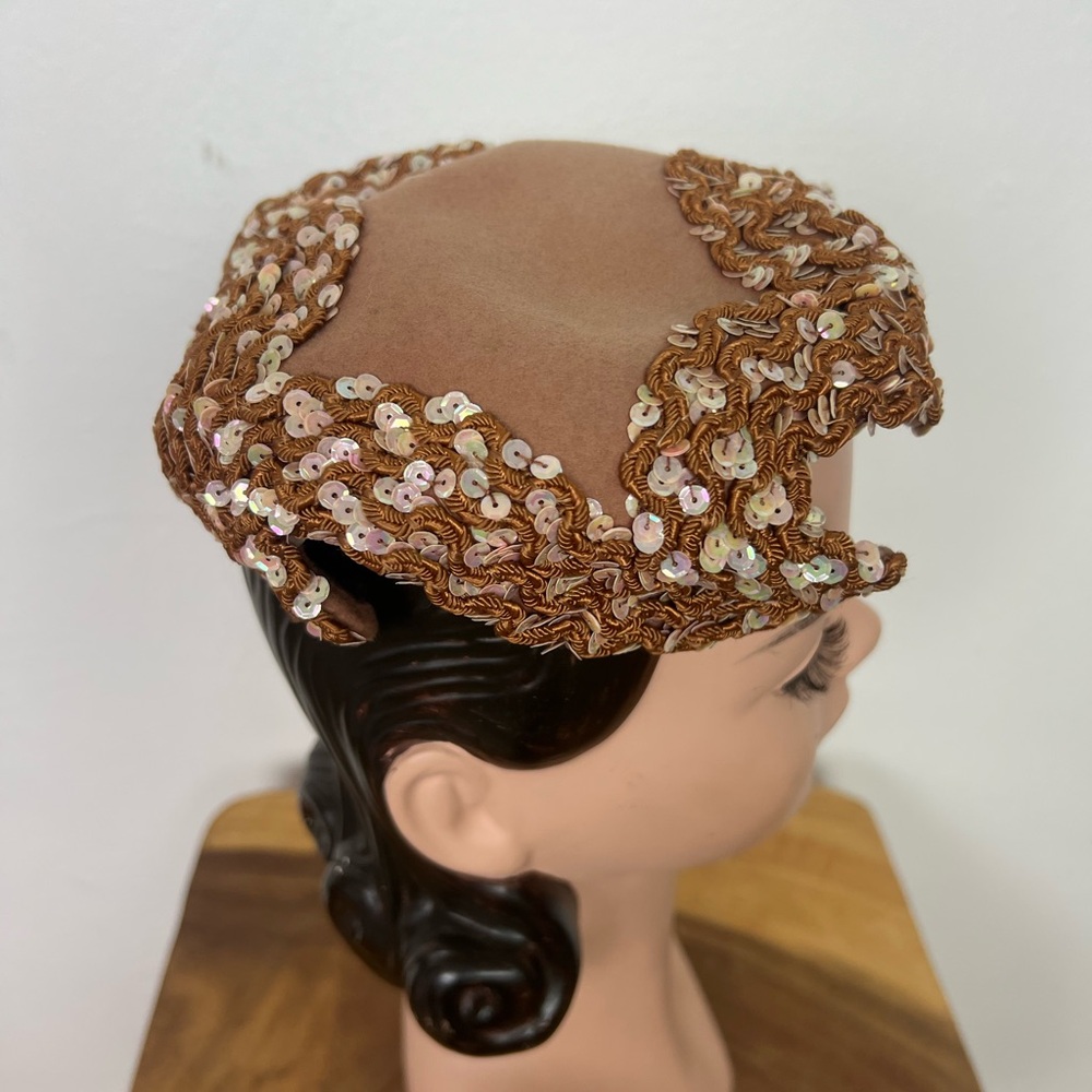 1950’s 50s Vintage Elegant Brown Wool Felt Sequin Sequined Soutache Women's Hat - Picture 6 of 16